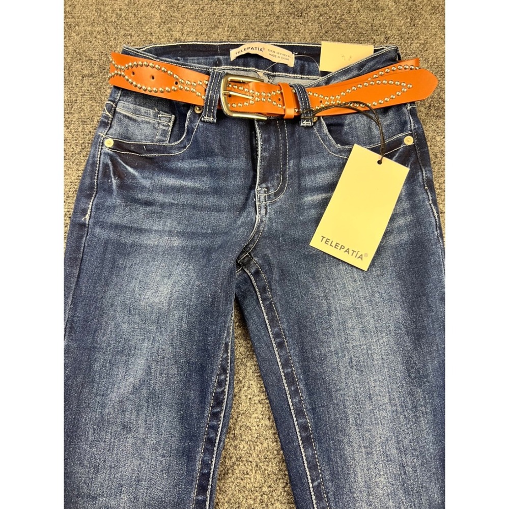 Telepatia Low Rise Bootcut Jeans Dark Wash Studded Belt Size 3/26 NWT Boho - Picture 2 of 14